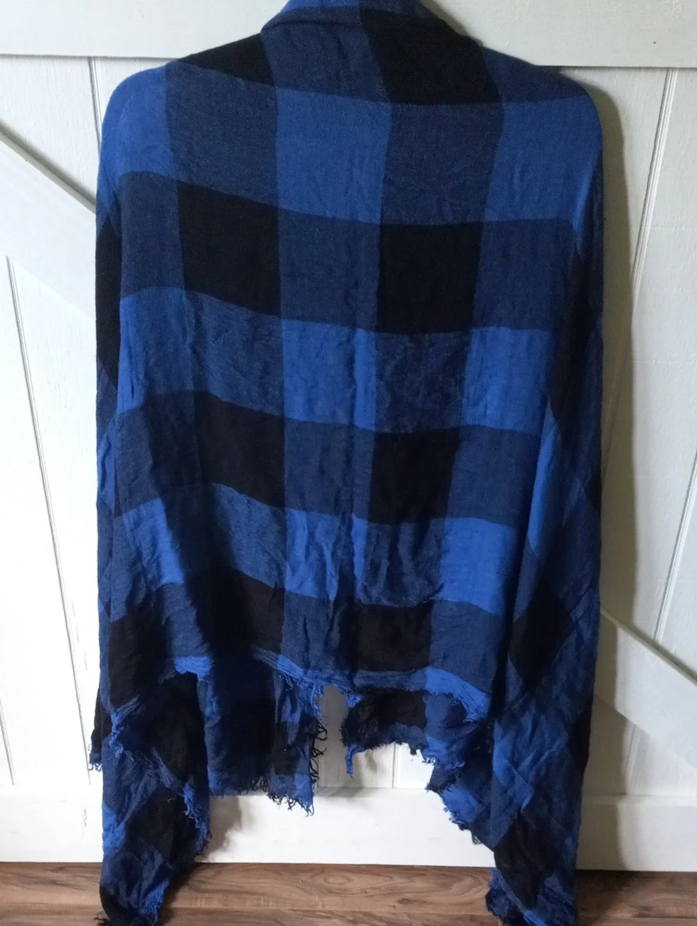 Blue and Black Buffalo Plaid Lightweight Blanket Scarf with Frayed Edge OS
